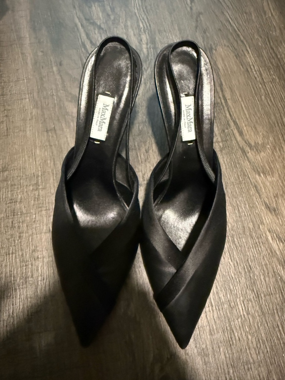 MaxMara Black Satin Pointed Slide Mules